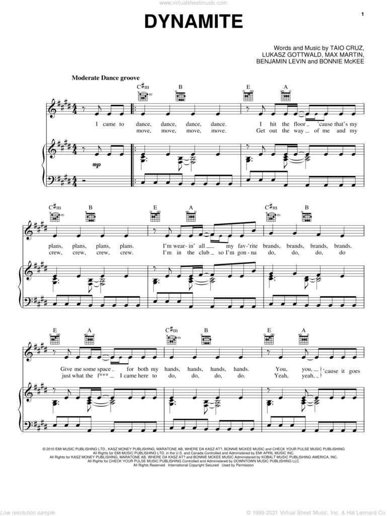 Dynamite Piano Sheet Music Free Printable