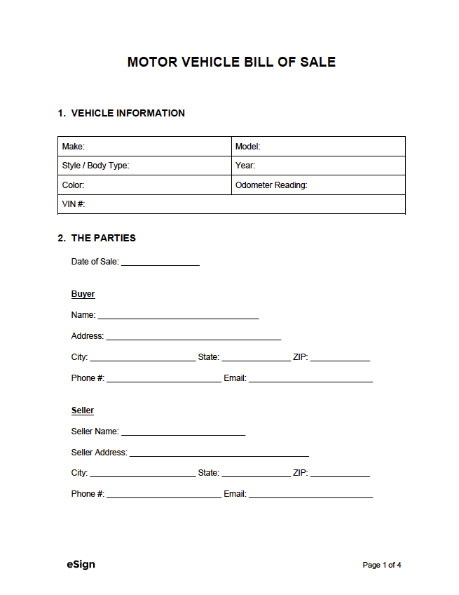 Free Printable Bill Of Sale Form