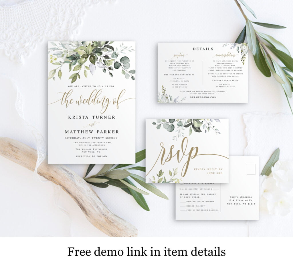 Greenery Gold Wedding Invite Set Printable Templates The Etsy Ireland