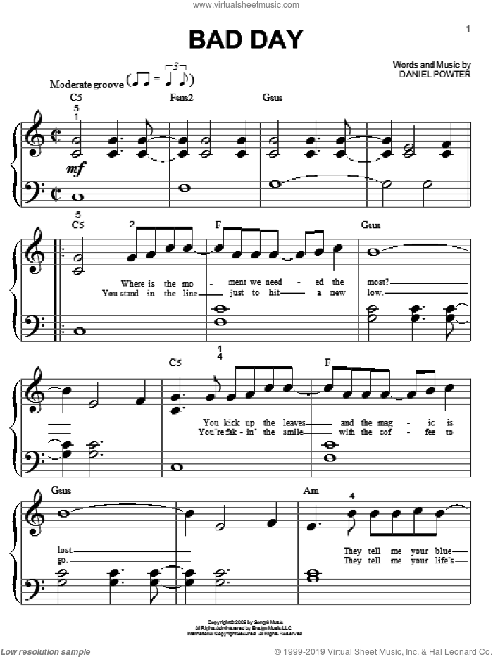 Bad Day Piano Sheet Music Free Printable