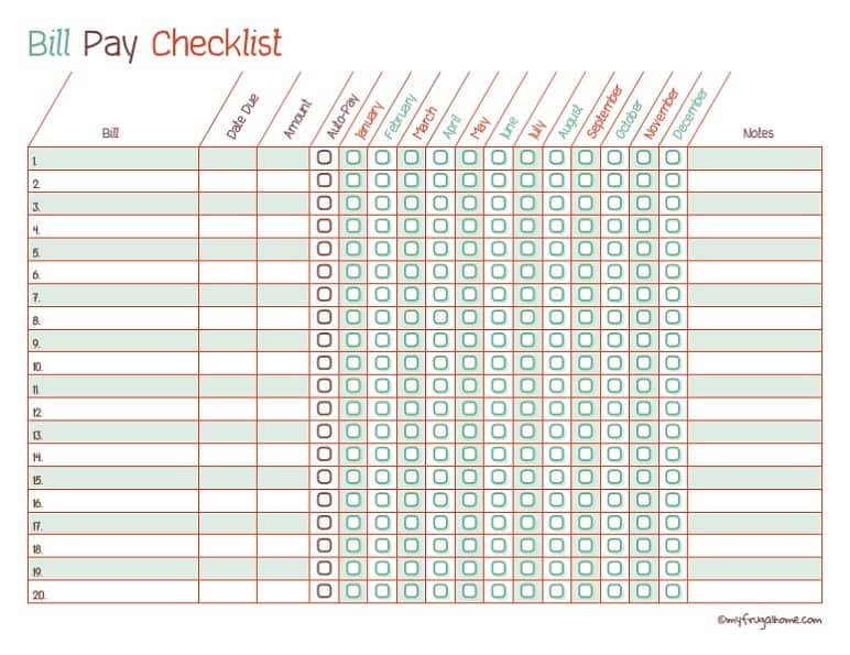 Free Printable Bill Pay Checklist