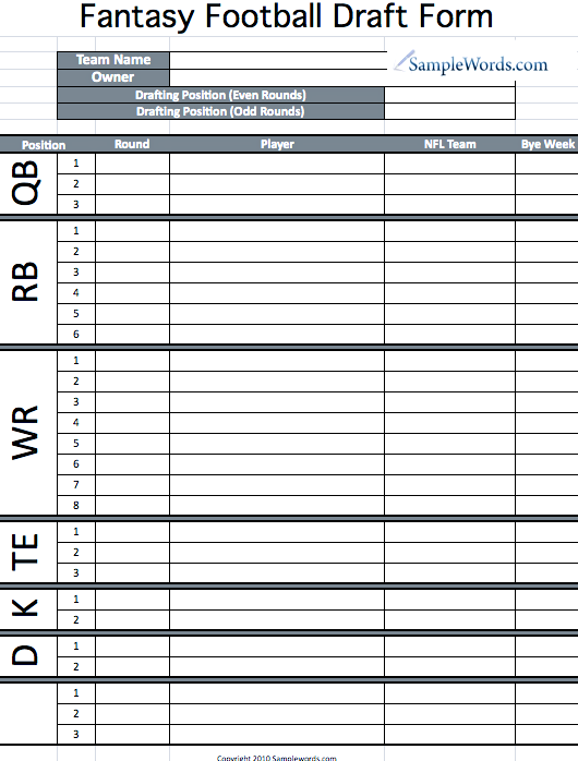 Printable Fantasy Football Draft Chart And Form PDF Excel Fantasy Football Draft Party Nfl Fantasy Football Draft Fantasy Football League