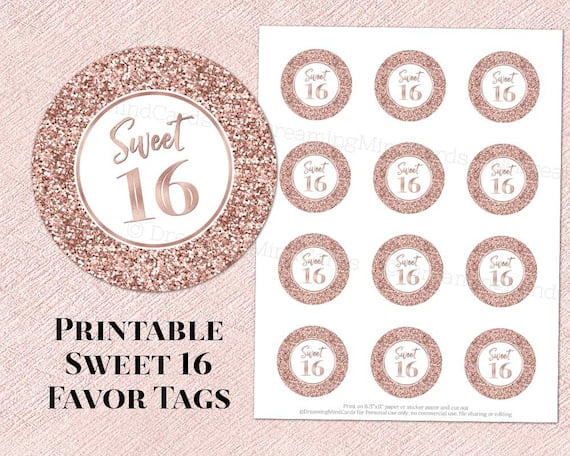 Printable Sweet 16 Birthday Party Round Tags Rose Gold Glitter Etsy