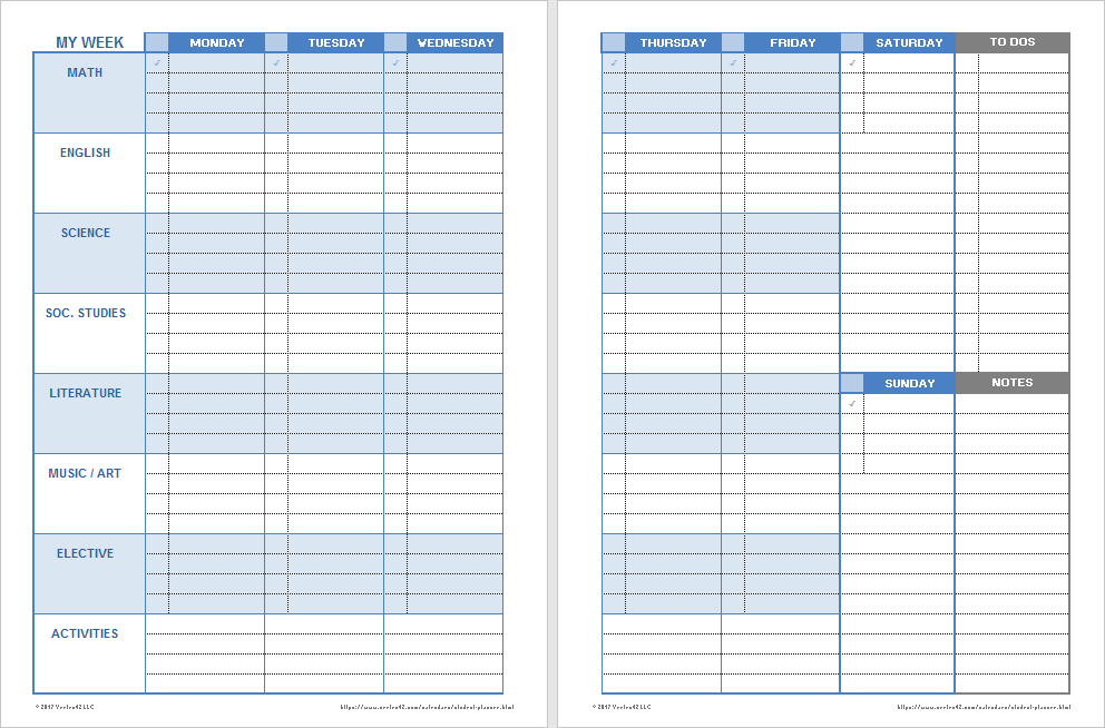 Printable Weekly Student Planners