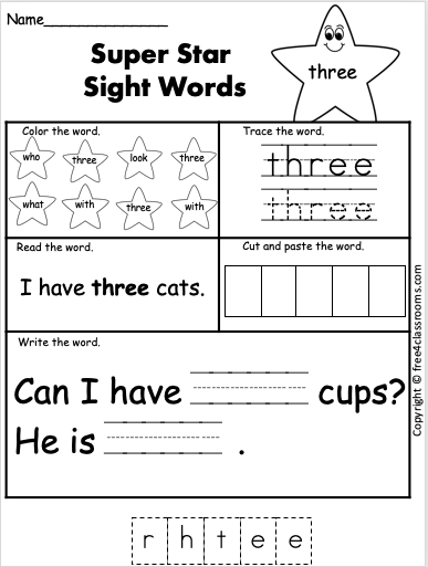 Free Kindergarten Sight Word Worksheets three Free4Classrooms