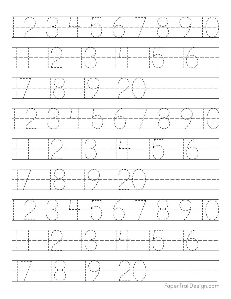 Free Number Tracing Worksheets 1-20