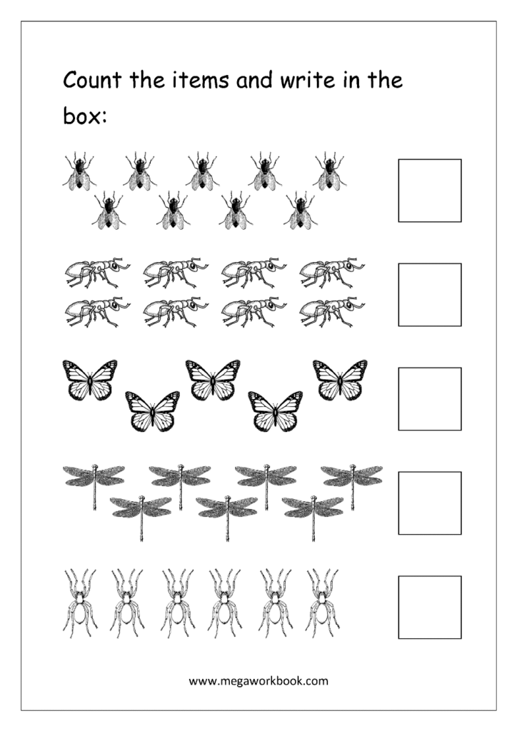 Free Printable Number Counting Worksheets Count And Match Count And Write Count And Color The Objects Math Worksheets For Preschool And Kindergarten MegaWorkbook