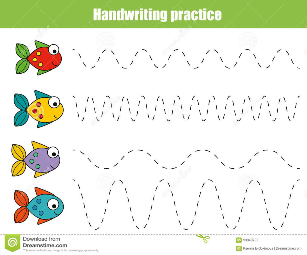 Handwriting Practice Sheet Educational Children Game Printable Worksheet For Kids With Wavy Lines And Fish Stock Vector Illustration Of Activity Copy 93340735