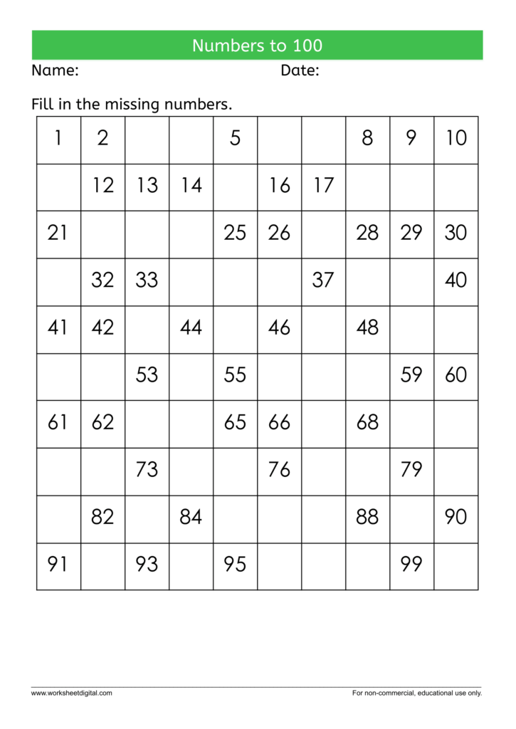 Numbers To 100 Fill In The Missing Numbers Worksheet Digital