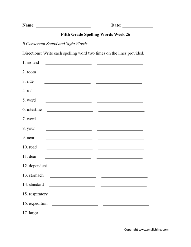 Spelling Worksheets Fifth Grade Spelling Worksheets