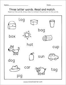 Three Letter Words Reading Writing And Matching Worksheets For Preschool And Kindergarten Kids