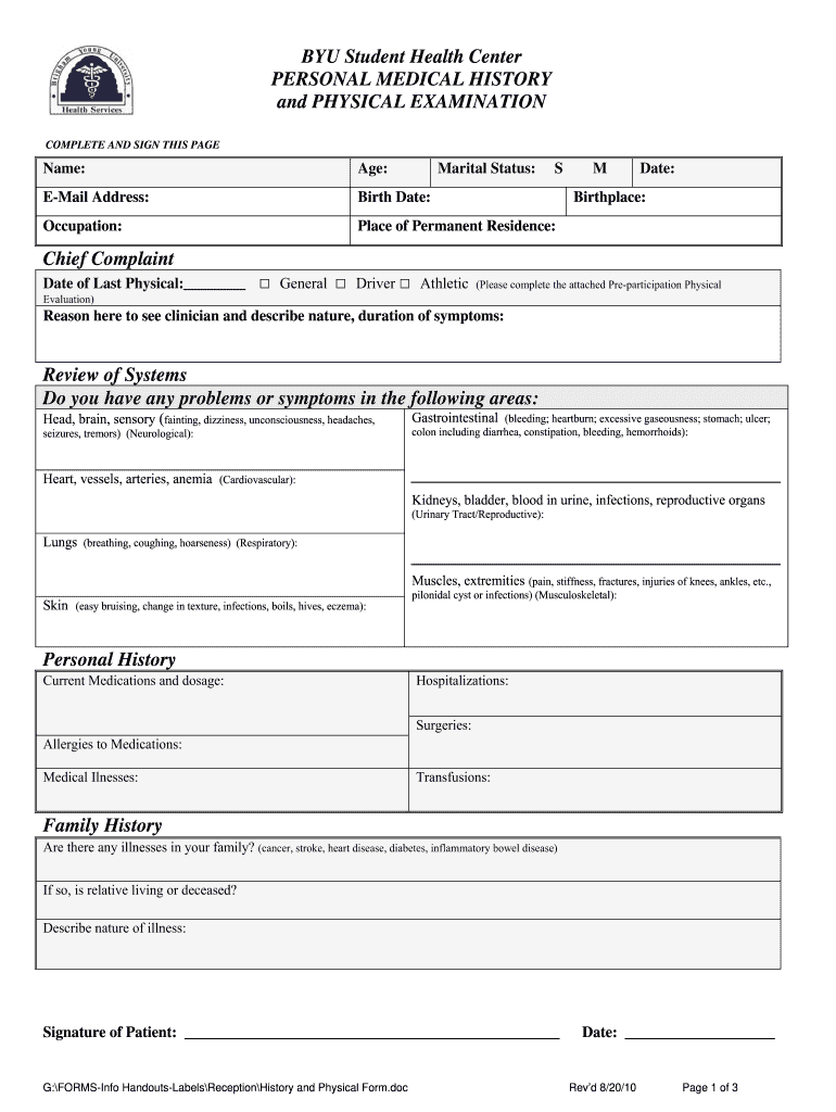 2010 Form BYU Student Health Center Personal Medical History And Physical Examination Fill Online Printable Fillable Blank PdfFiller