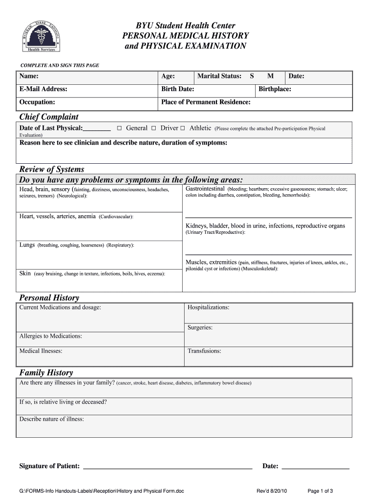 Printable H&p Template