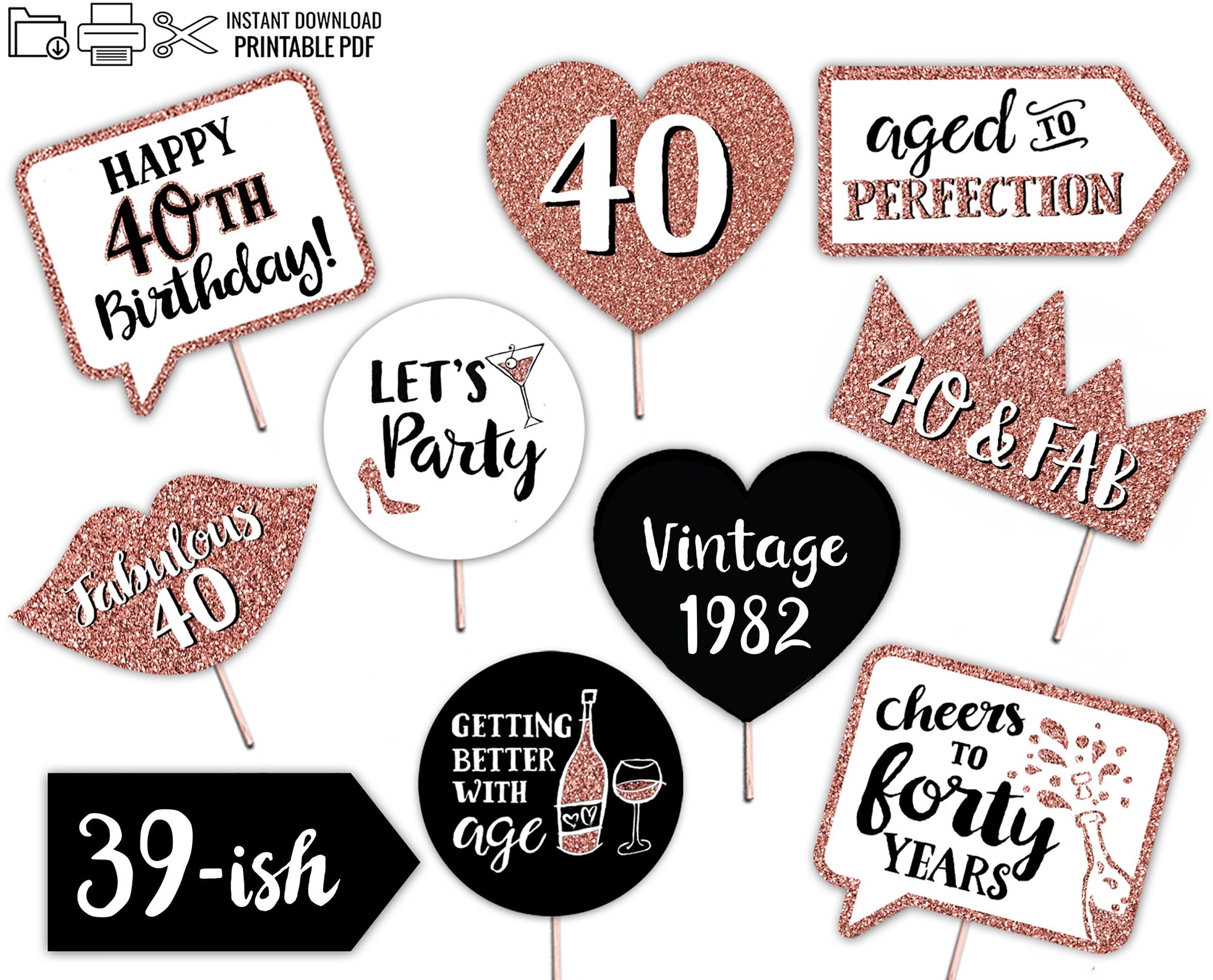 40th Birthday Printable Photo Booth Props Rose Gold Black Etsy de
