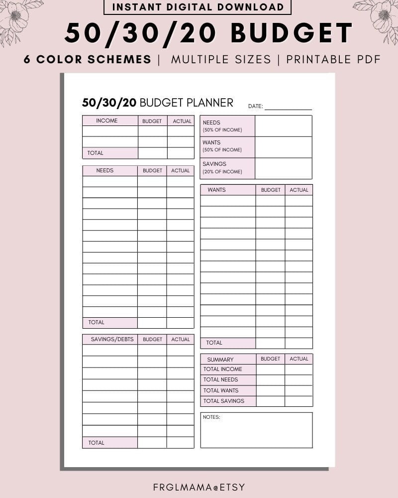 50 30 20 Budget Overview Template Printable Monthly Budget Etsy de