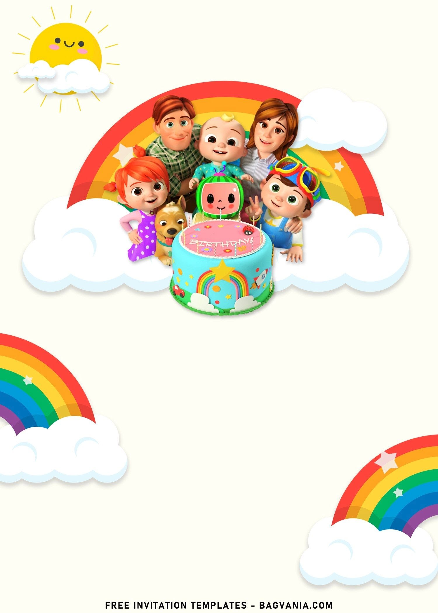 7 Rainbow Baby Cocomelon Birthday Invitation Templates In 2022 Baby Birthday Invitation Card Baby Birthday Invitations Birthday Invitation Card Template