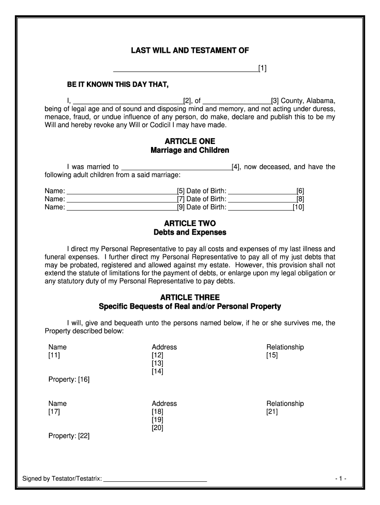 Alabama Will Template Fill Online Printable Fillable Blank PdfFiller