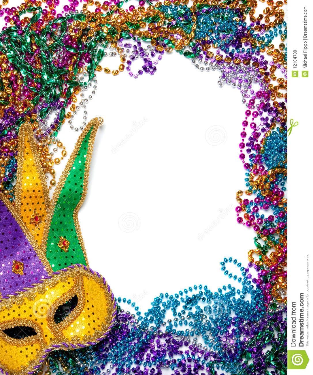 Border Made Of Mardi Gras Bead And Mask On White Mardi Gras Invitations Mardi Gras Beads Mardi Gras Centerpieces