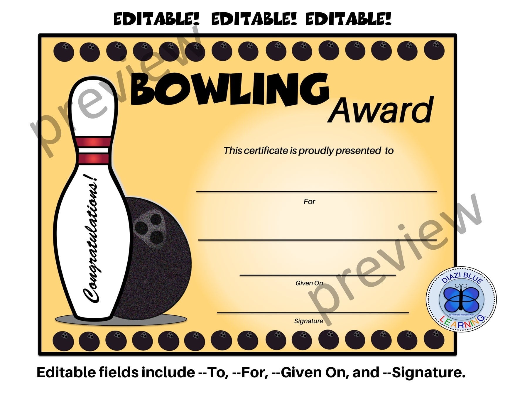 Free Printable Bowling Certificate Template