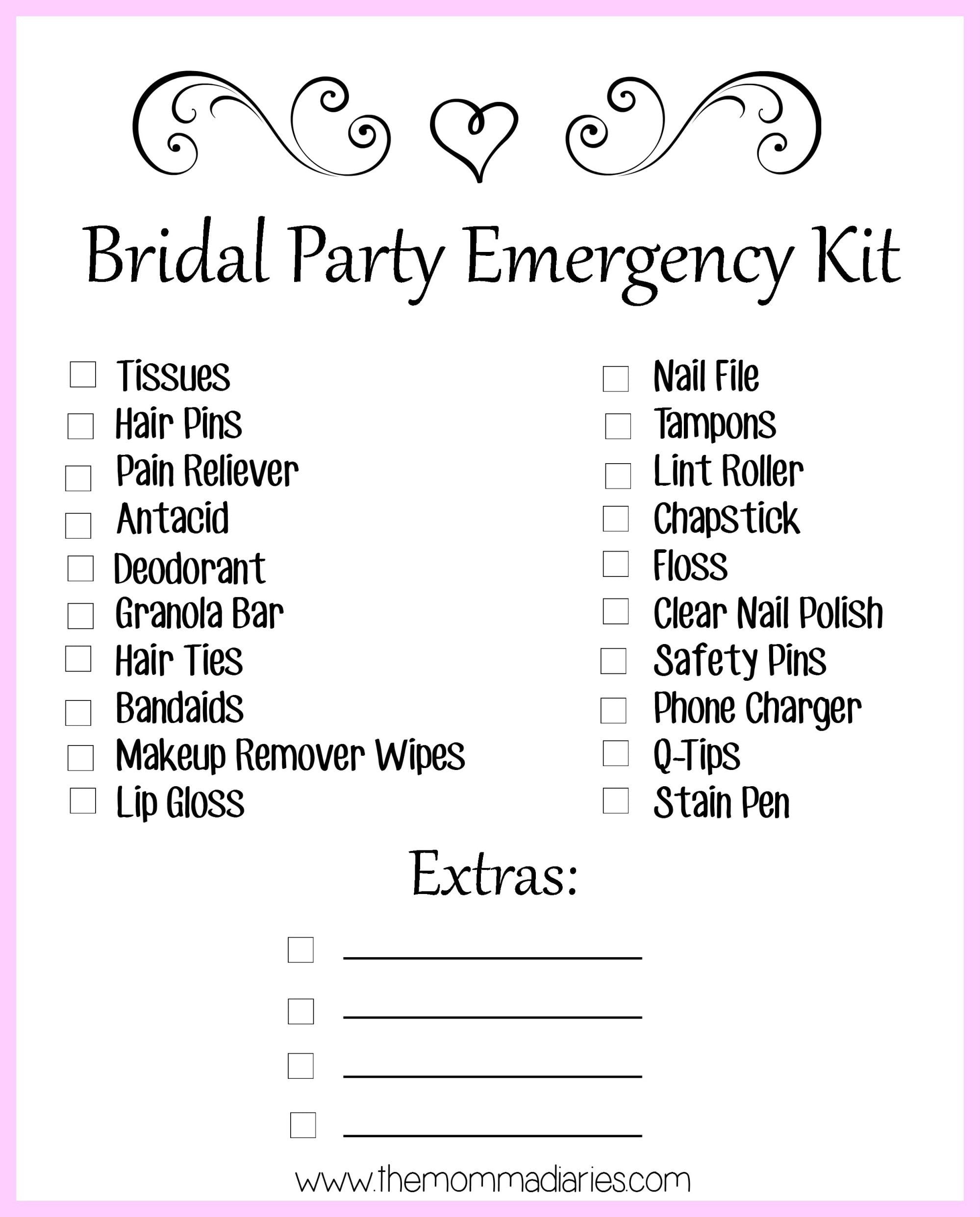 Bridal Party Emergency Kit With Free Printable Emergency Kit Wedding Emergency Kit Bridal Emergency Kits