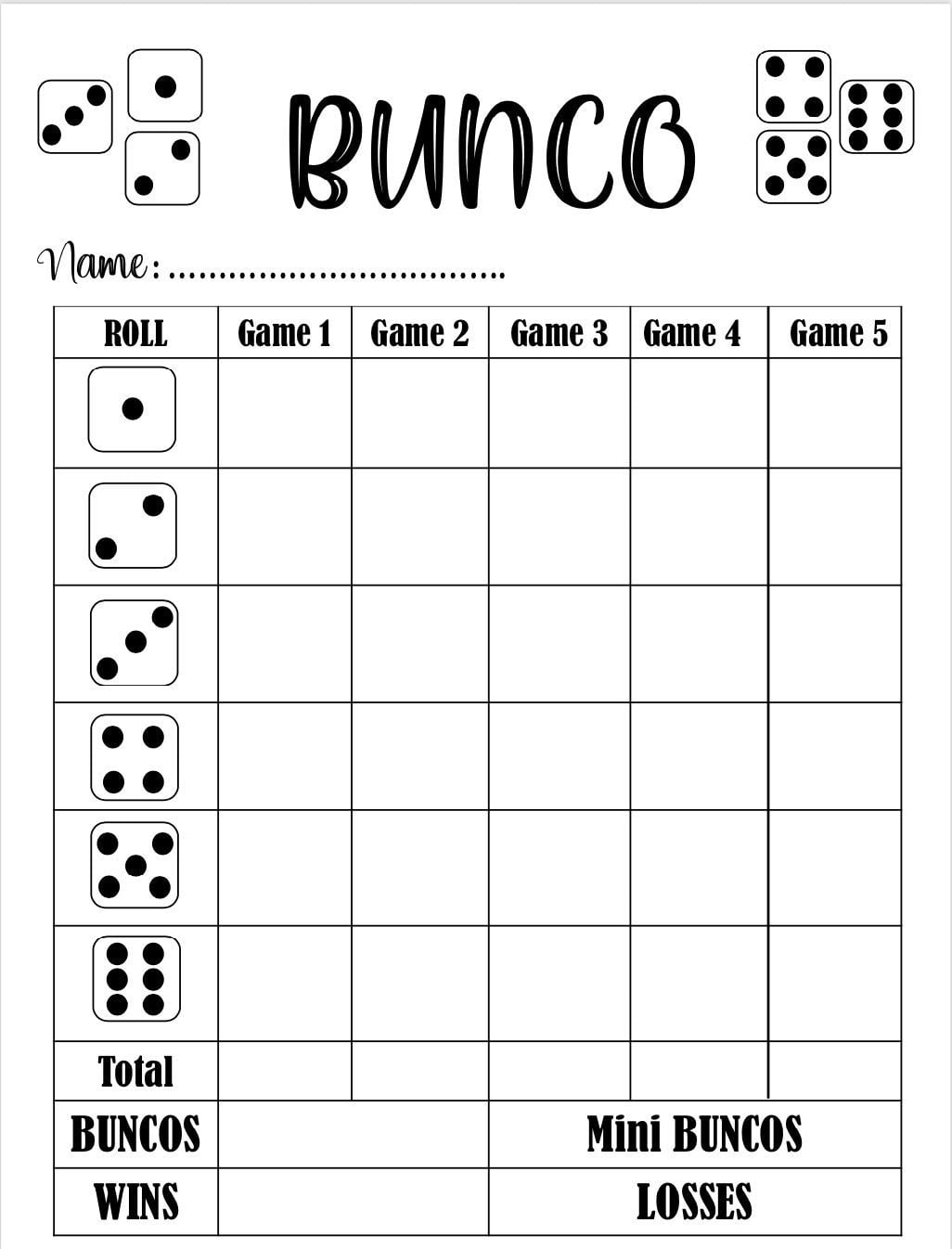 Bunco Score Sheets Free Printable