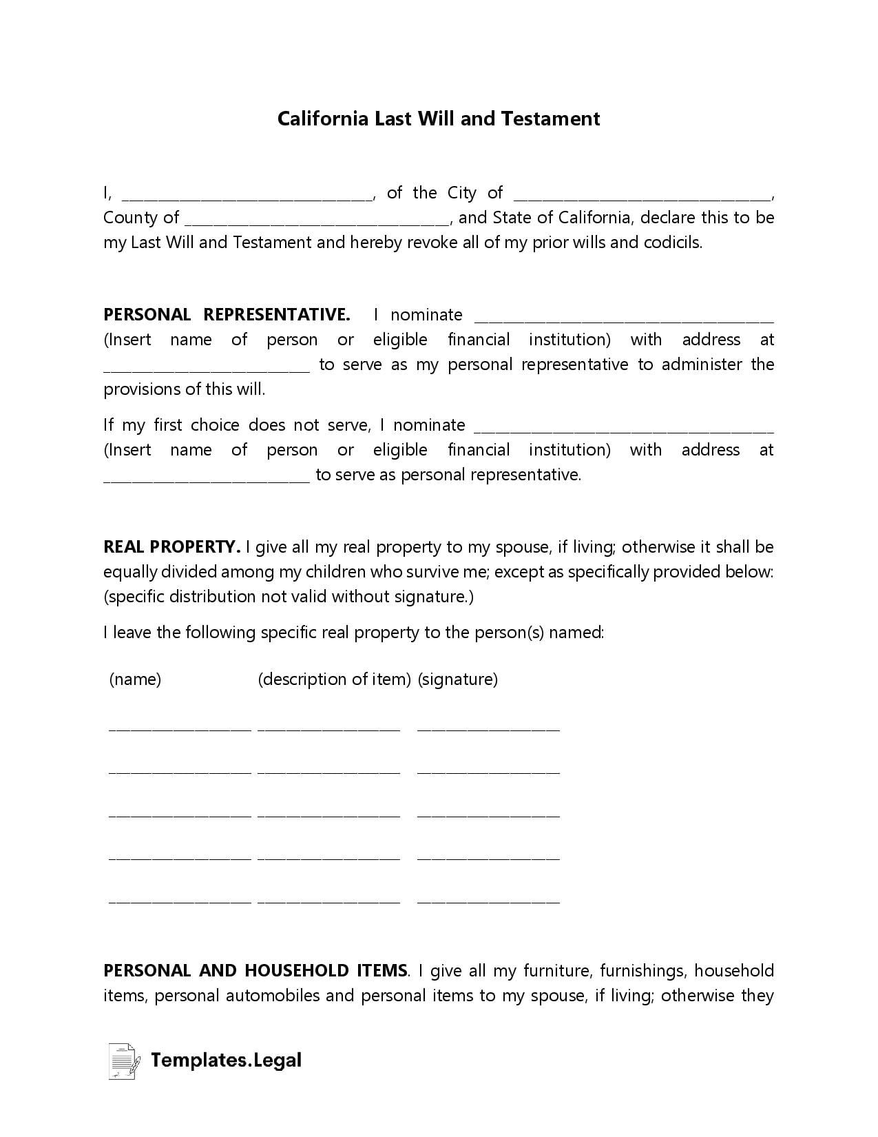 California Last Will And Testament Templates Free Word PDF ODT 