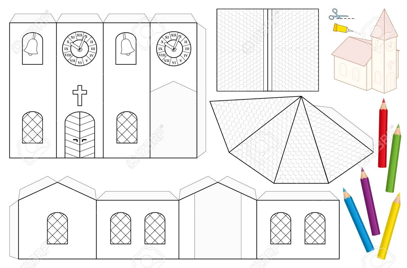 Church Paper Craft Sheet Unpainted Cut out Template For Children For Coloring And Making A 3d Scale Model Church With Steeple Nave Roofs Stained Glass Windows Door Cross Belfry Tower Clock Royalty Free