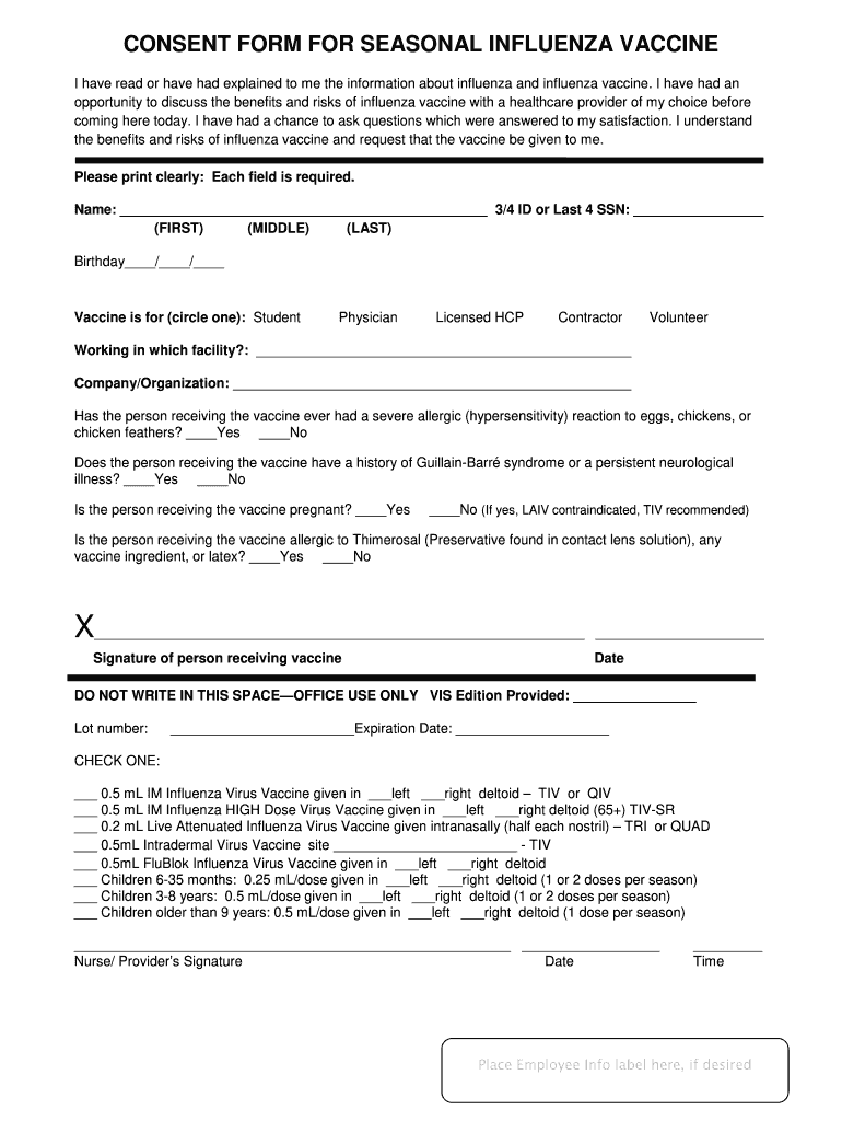 Consent Form Influenza Vaccine Fill Online Printable Fillable Blank PdfFiller