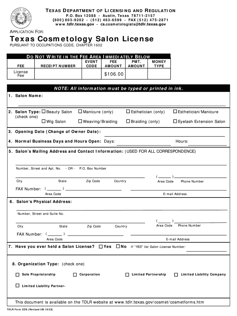 Cosmetology Salon License 2012 Form Fill Out Sign Online DocHub