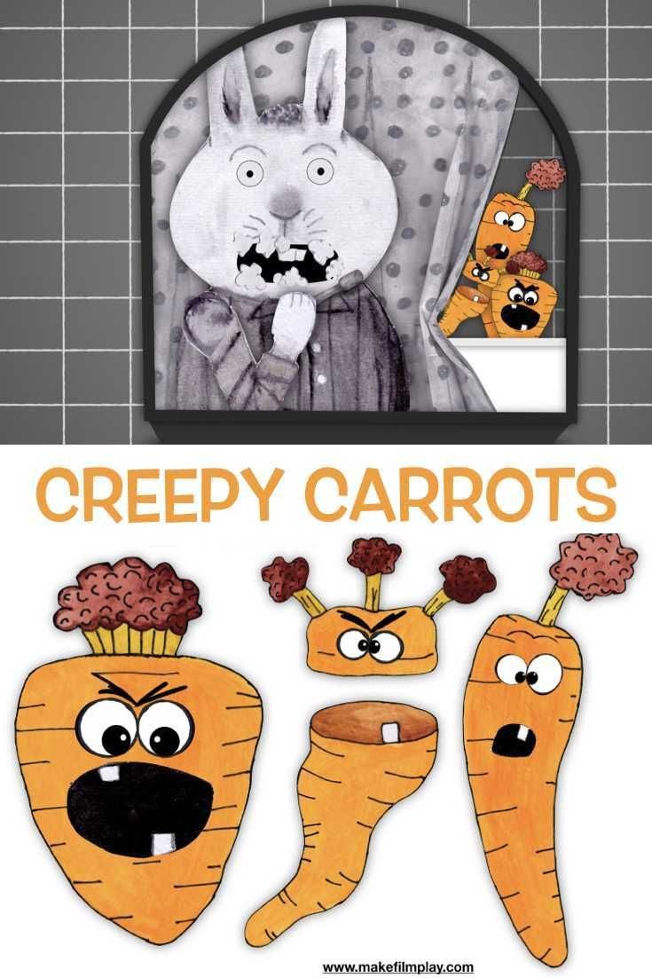 Creepy Carrots Scene Re creation Free Printable Carrot Puppets Make Film Play Kindergarten Halloween Crafts Storytime Crafts Halloween Kindergarten