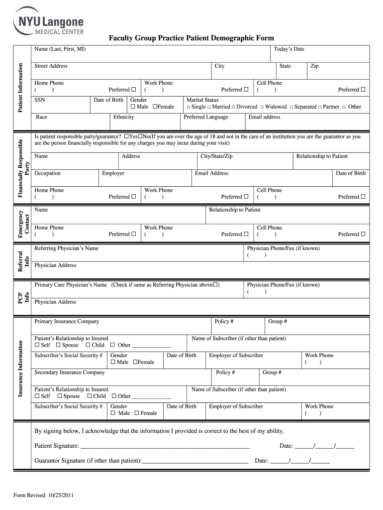 Printable Patient Demographic Form Template