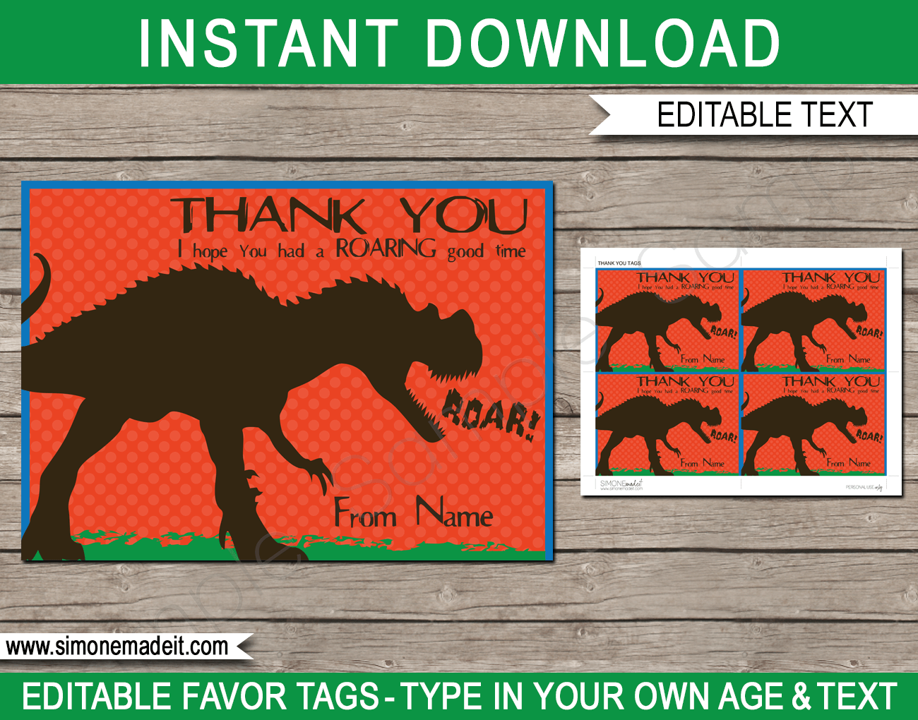 Dinosaur Birthday Party Favor Tags Printable Thank You Tags Template
