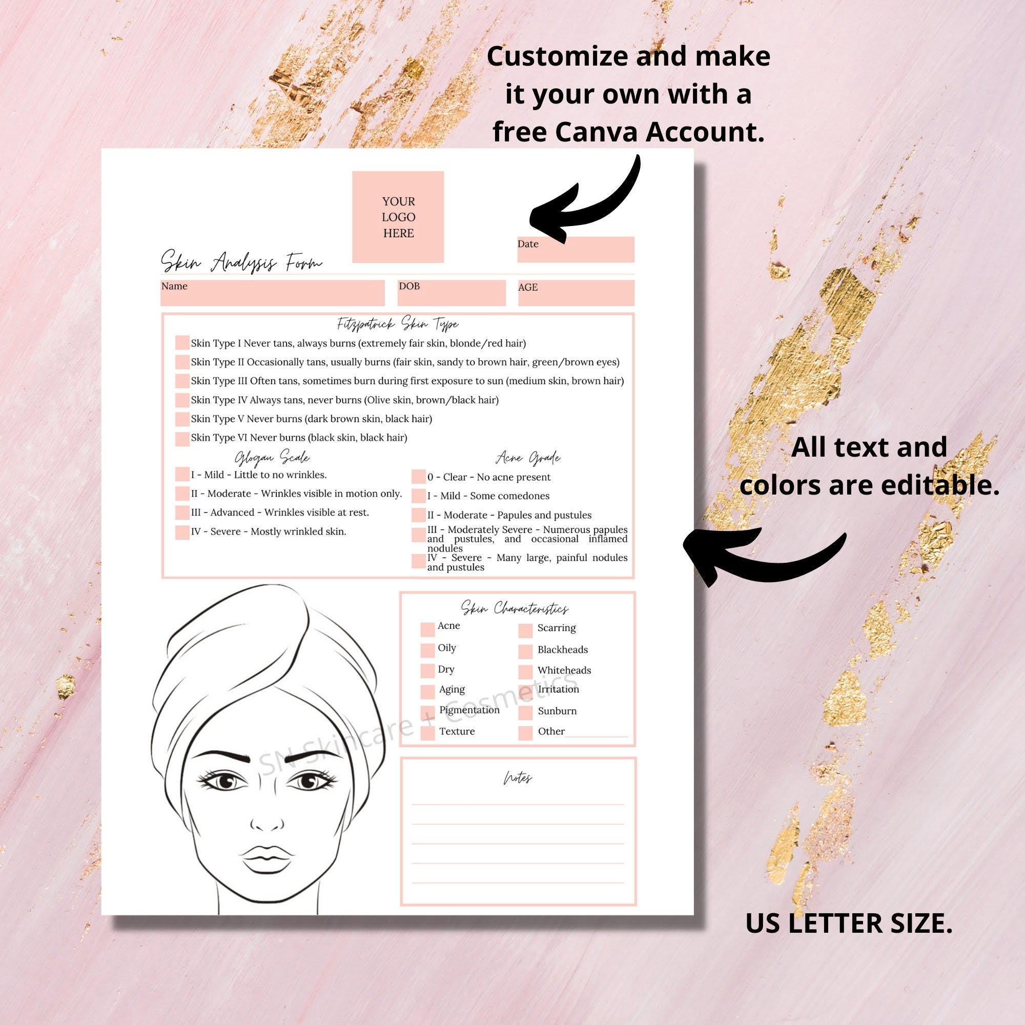 Editable And Printable Skin Analysis Form Template For Etsy de