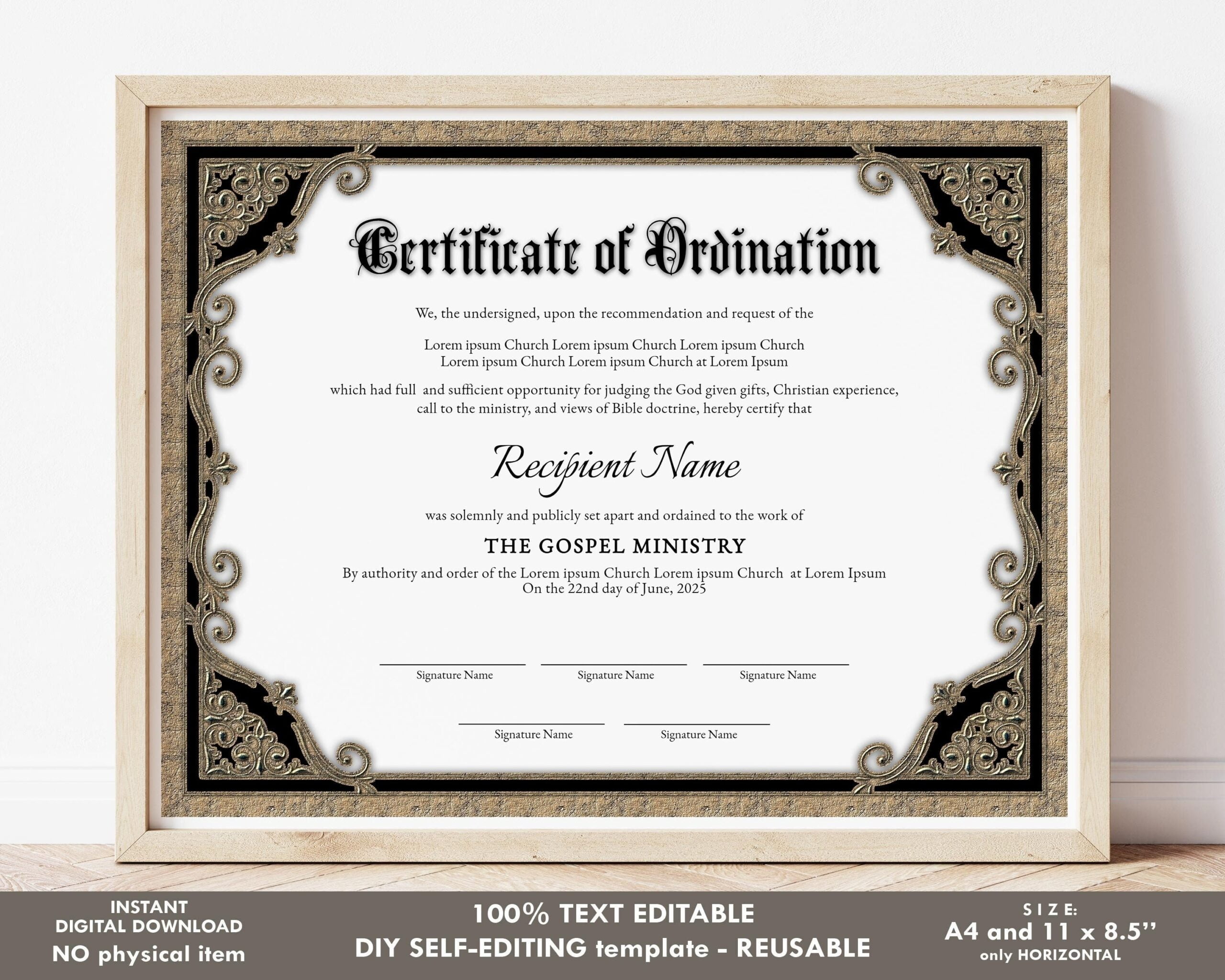 Editable Ordination Certificate Template Printable Etsy Schweiz