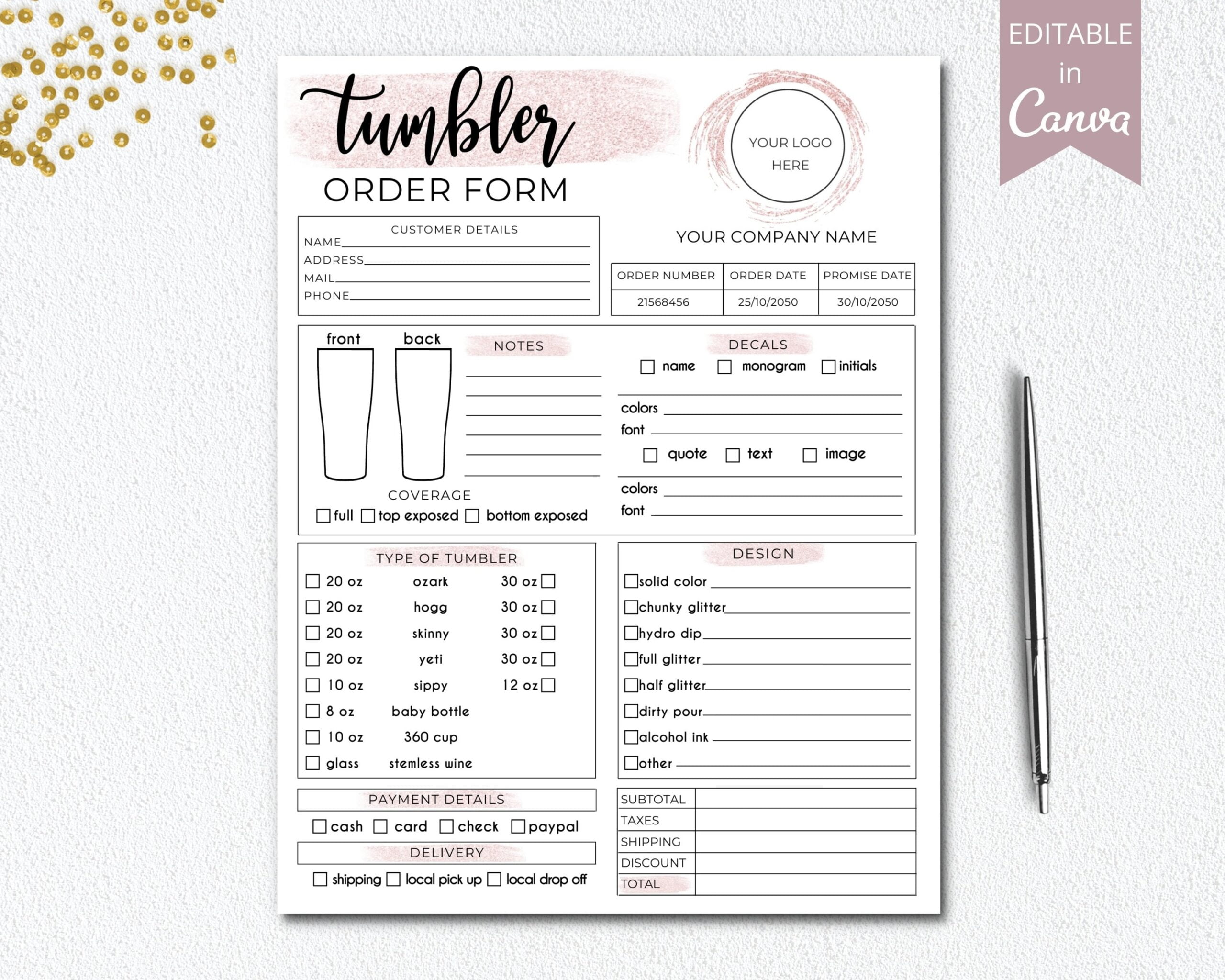 Editable Tumbler Order Form Template Custom Tumbler Form Etsy de