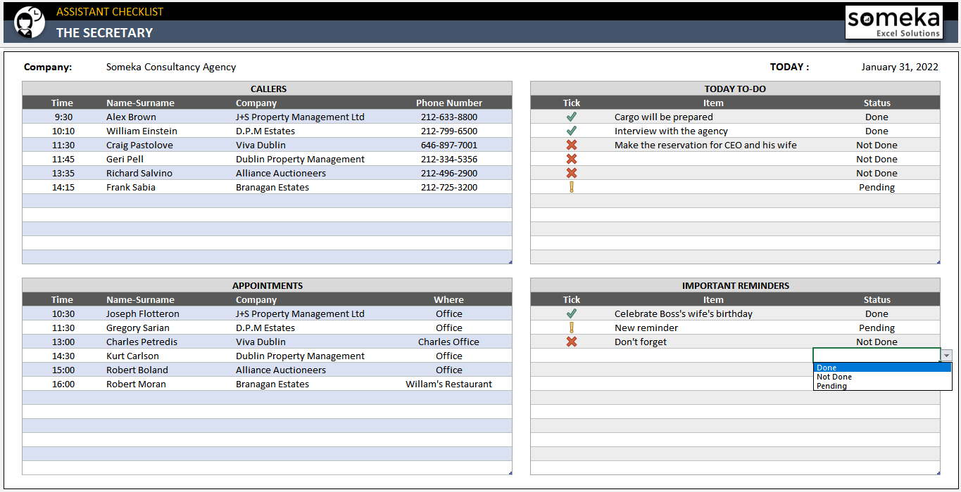 Executive Assistant Daily Checklist In Excel Printable Spreadsheet