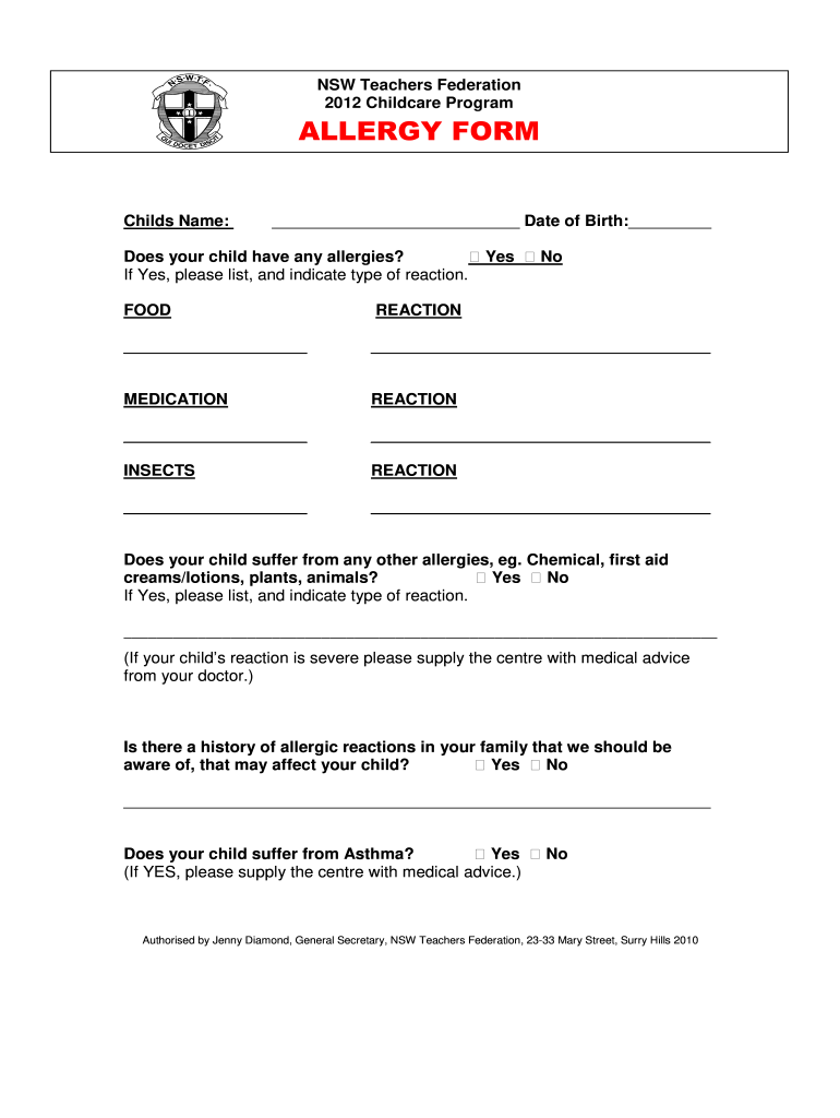 Food Allergy Form For Daycare Template Fill Out Sign Online DocHub