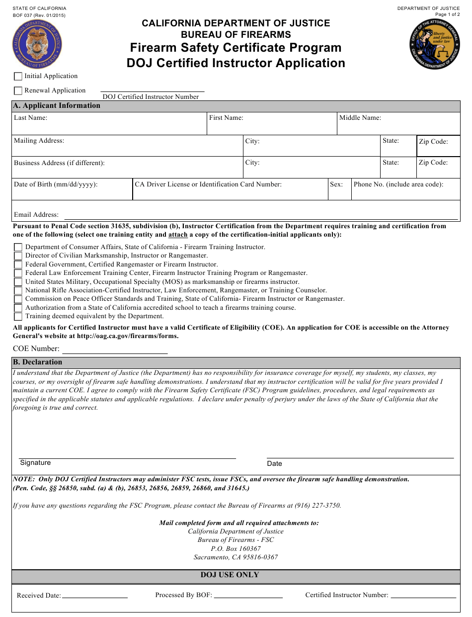 Form BOF037 Download Fillable PDF Or Fill Online Doj Certified Instructor Application Firearm Safety Certificate Program California Templateroller