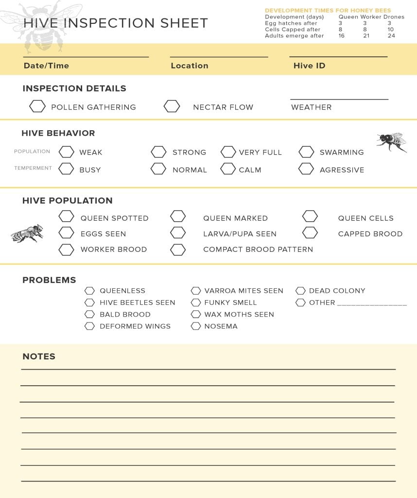 Free Bee Hive Inspection Sheet Rock Bridge Farmstead