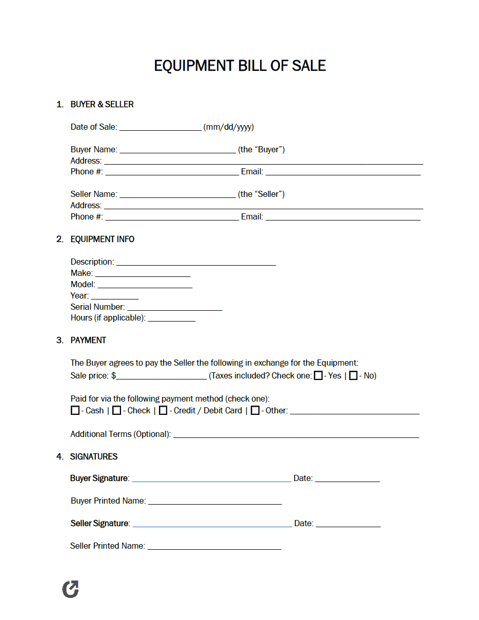 Free Equipment Bill Of Sale Form PDF WORD RTF