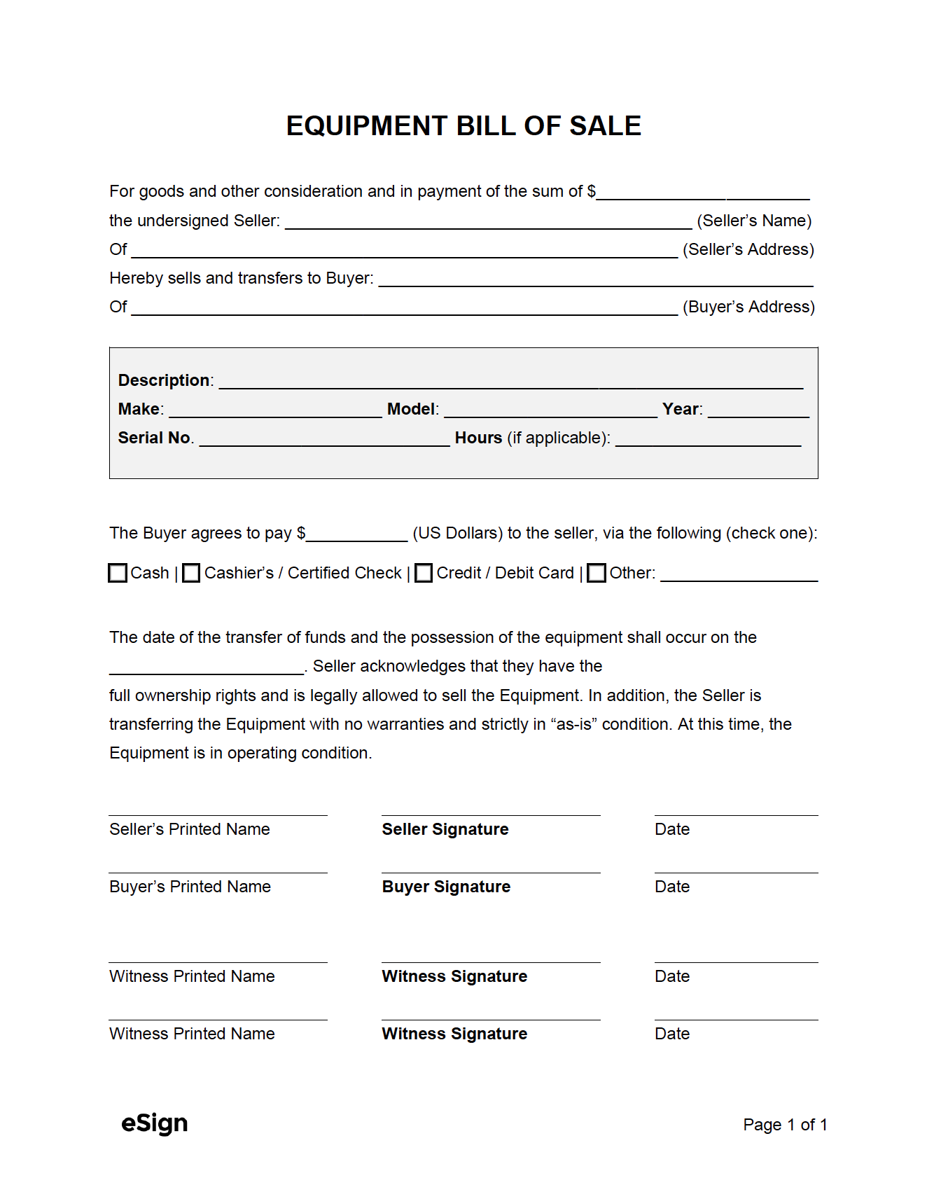 Printable Equipment Bill Of Sale Template