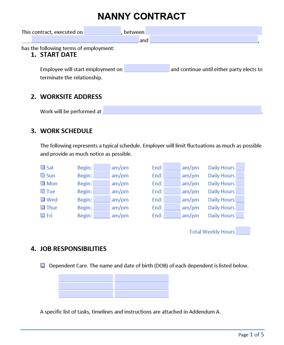 Free Nanny Contract Template PDF