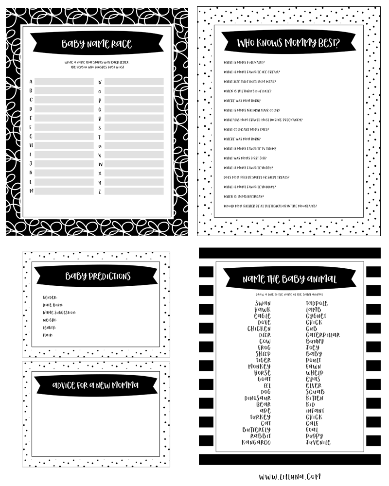 FREE Printable Baby Shower Games 5 Games in 3 Colors Lil Luna