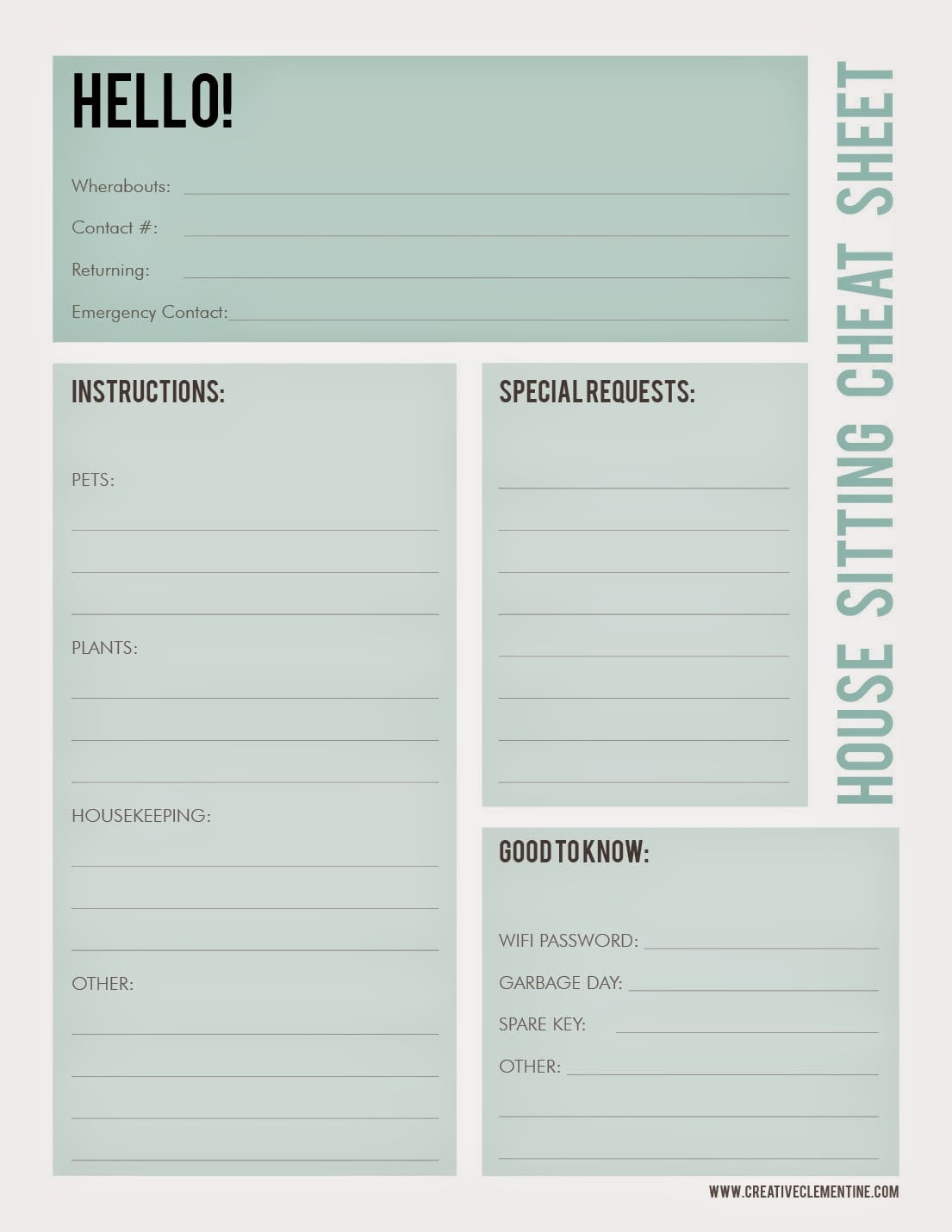 Free Printable House Sitting Cheat Sheet Creative Clementine