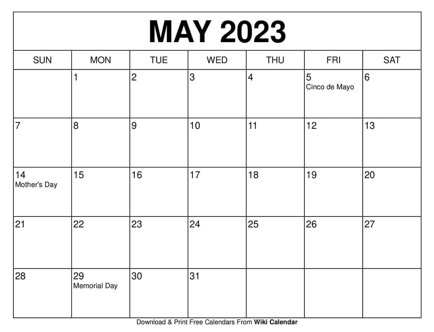 Printable Calendar May 2023