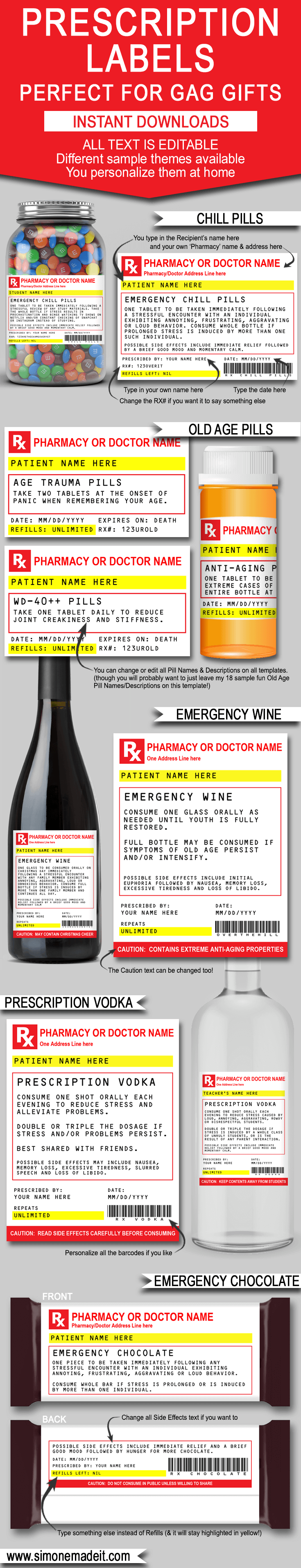 Gag Prescription Label Templates Printable Chill Pills Funny Gag Gift