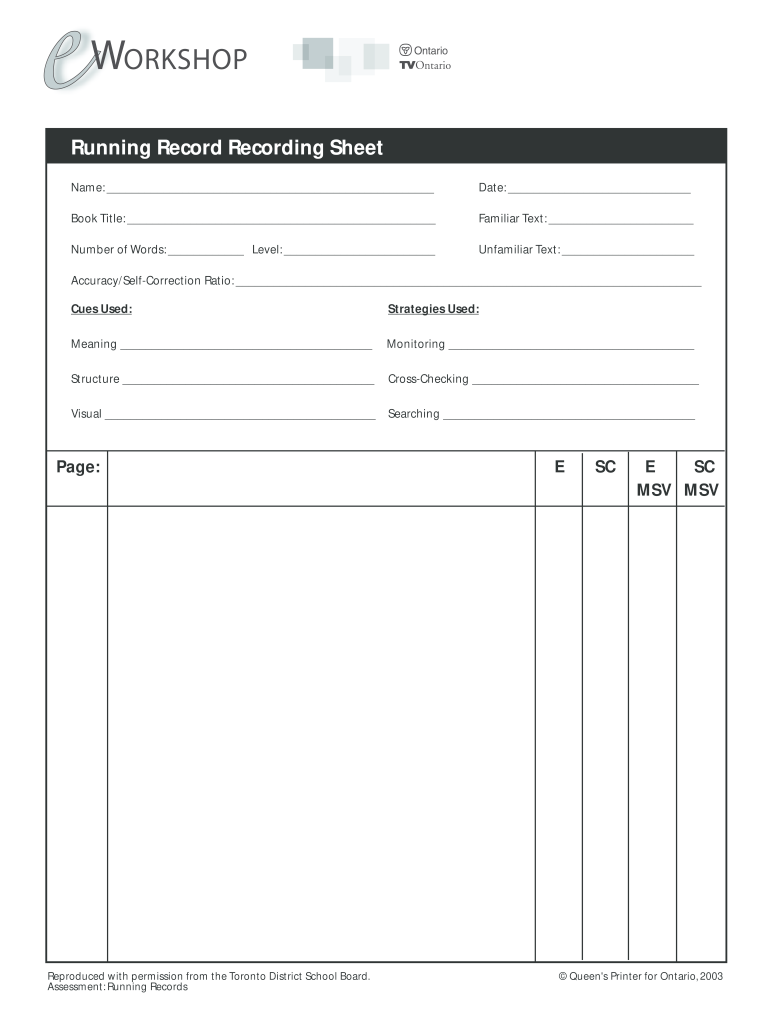 Free Printable Running Record Template