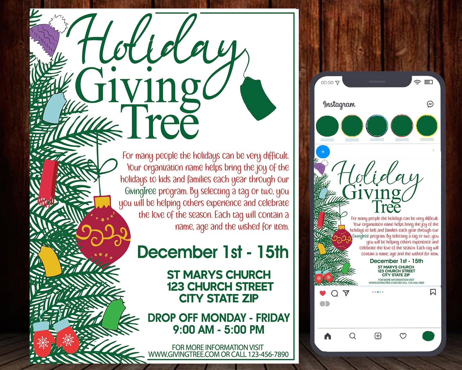 Holiday Giving Tree Flyer Vorlage Und Instagram Post Etsy de