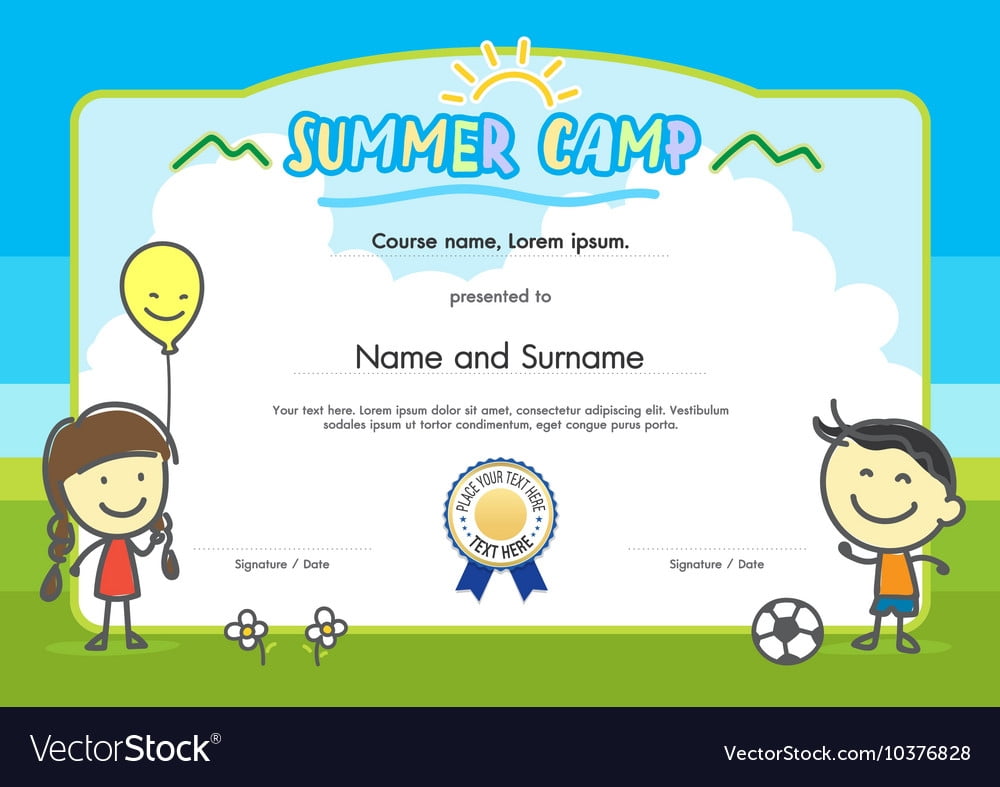 Kids Summer Camp Certificate Document Template Vector Image