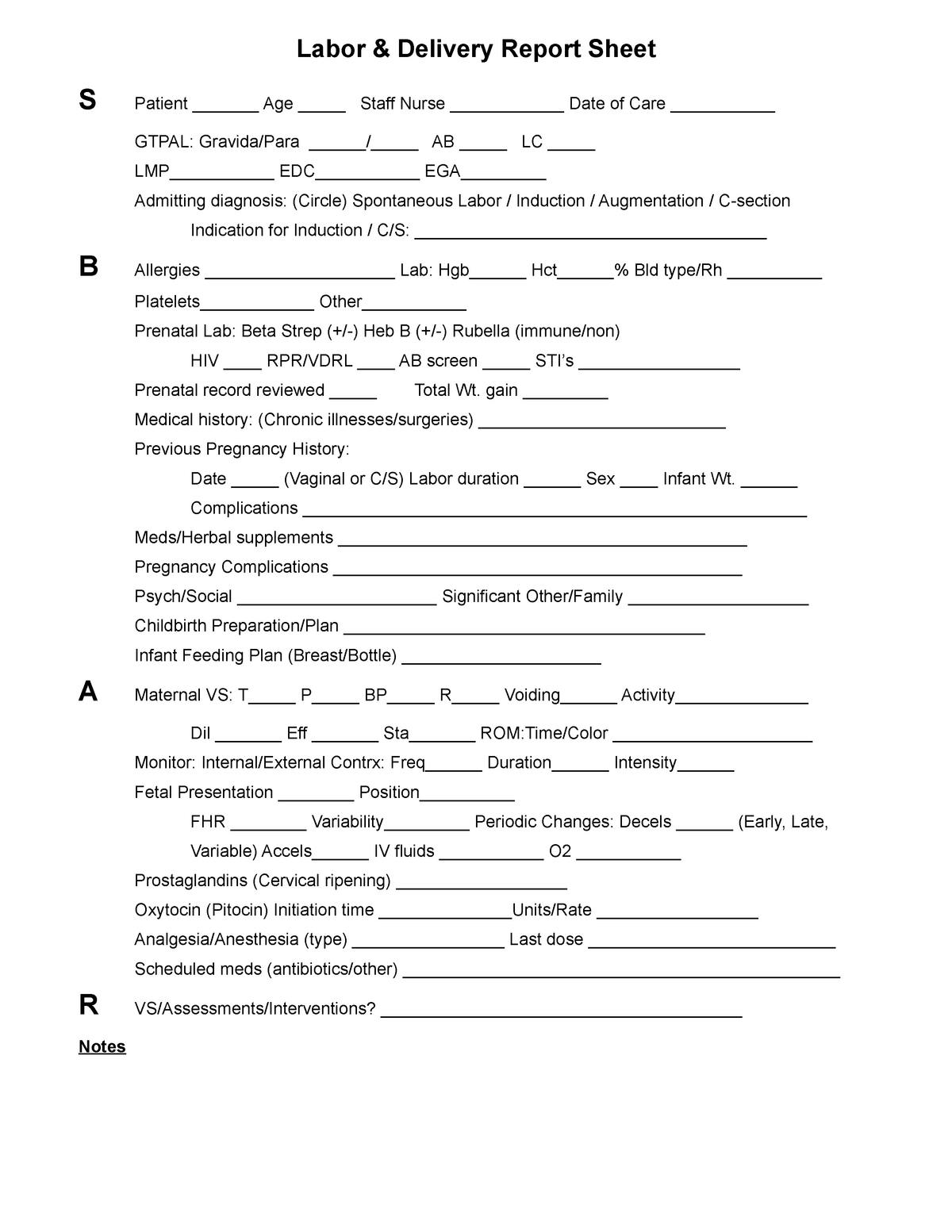Printable Labor And Delivery Report Sheet
